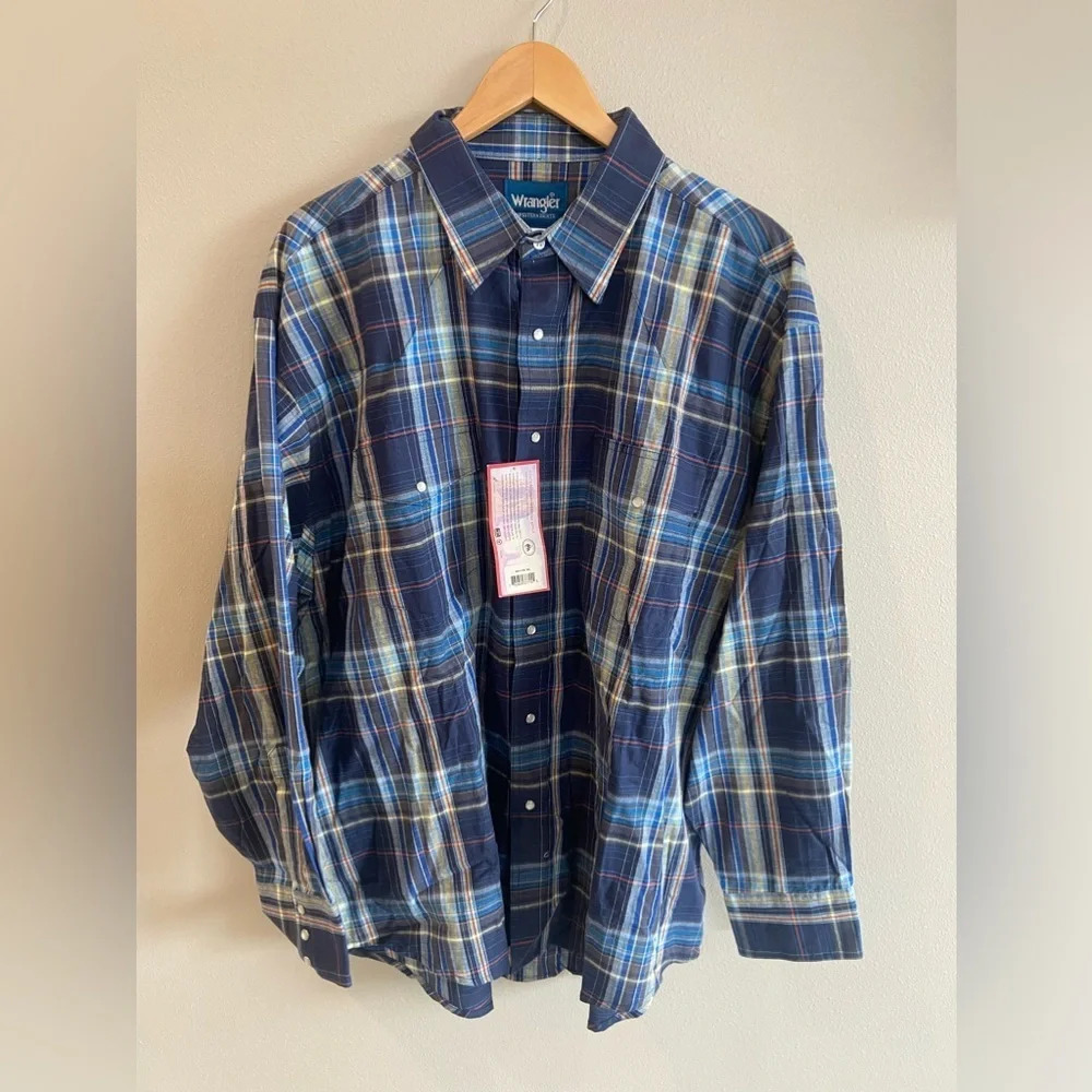 WRANGLER Western Shirt XXL Blue Plaid Long‎ Sleeve Collared Button Down NWT